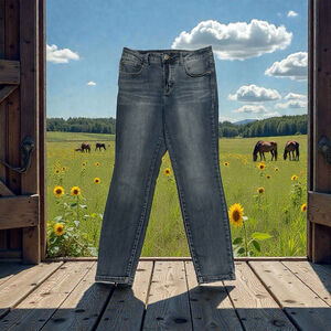 Maurices Everflex Jeans High Rise Womens 12 SHORT Ankle BLUE Distressed Cowgirl